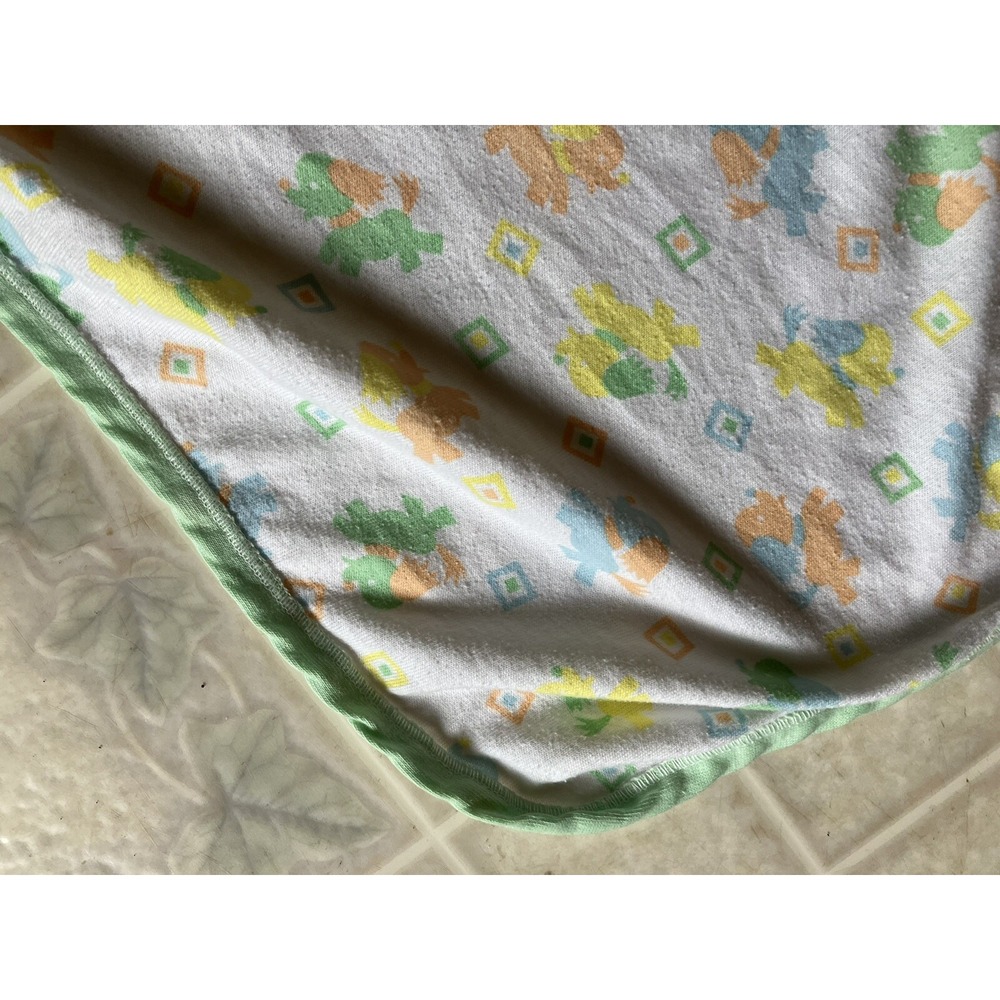 Vintage Carter's Green Trim Dog Print Baby Blanket White Cotton Polyester Blend